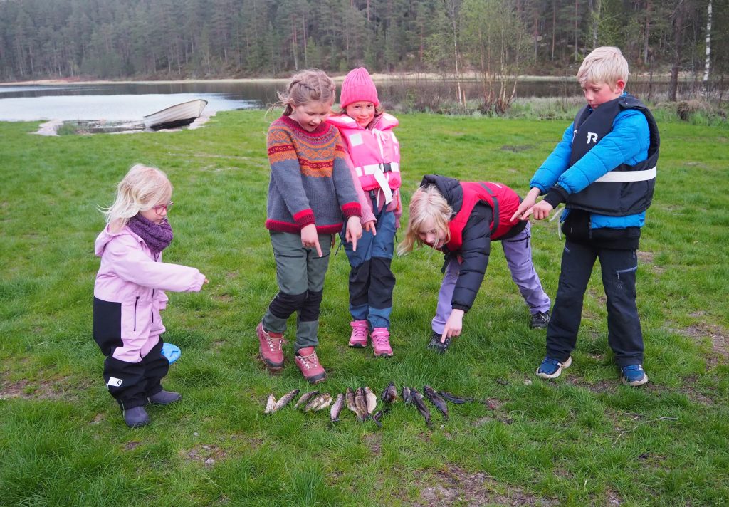 Idyllisk overnattingstur med 4H 2 Emma Andersen, Andrine Johannesen, Olivia Dutton, Regine Røilid og Lukas Homme viser fram fangsten.