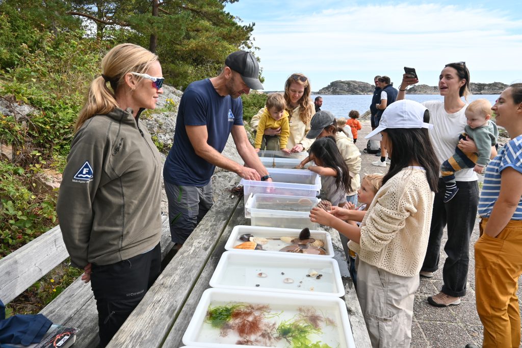Flott familiedag i Helleviga og Romsviga! 2 Monika Roland og Magnus Thomassen viser fangst fra havet til Bjørn Alverin på armen til mamma Annika Torset, Mona Rysstad, Nora, Maltus, Lorrina, Kaja Wivestad Nome med Eira på armen og mamma til Maltus, Reidun.
